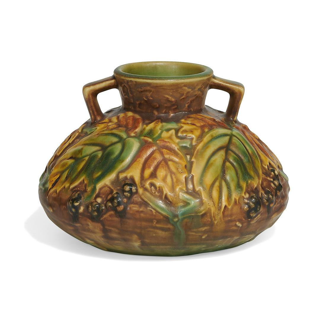 Roseville Pottery Co. Blackberry vase: Roseville Pottery Co. Blackberry vase, shape number 568-4 Zanesville, Ohio matte glazed ceramic unmarked 6"dia x 4"h