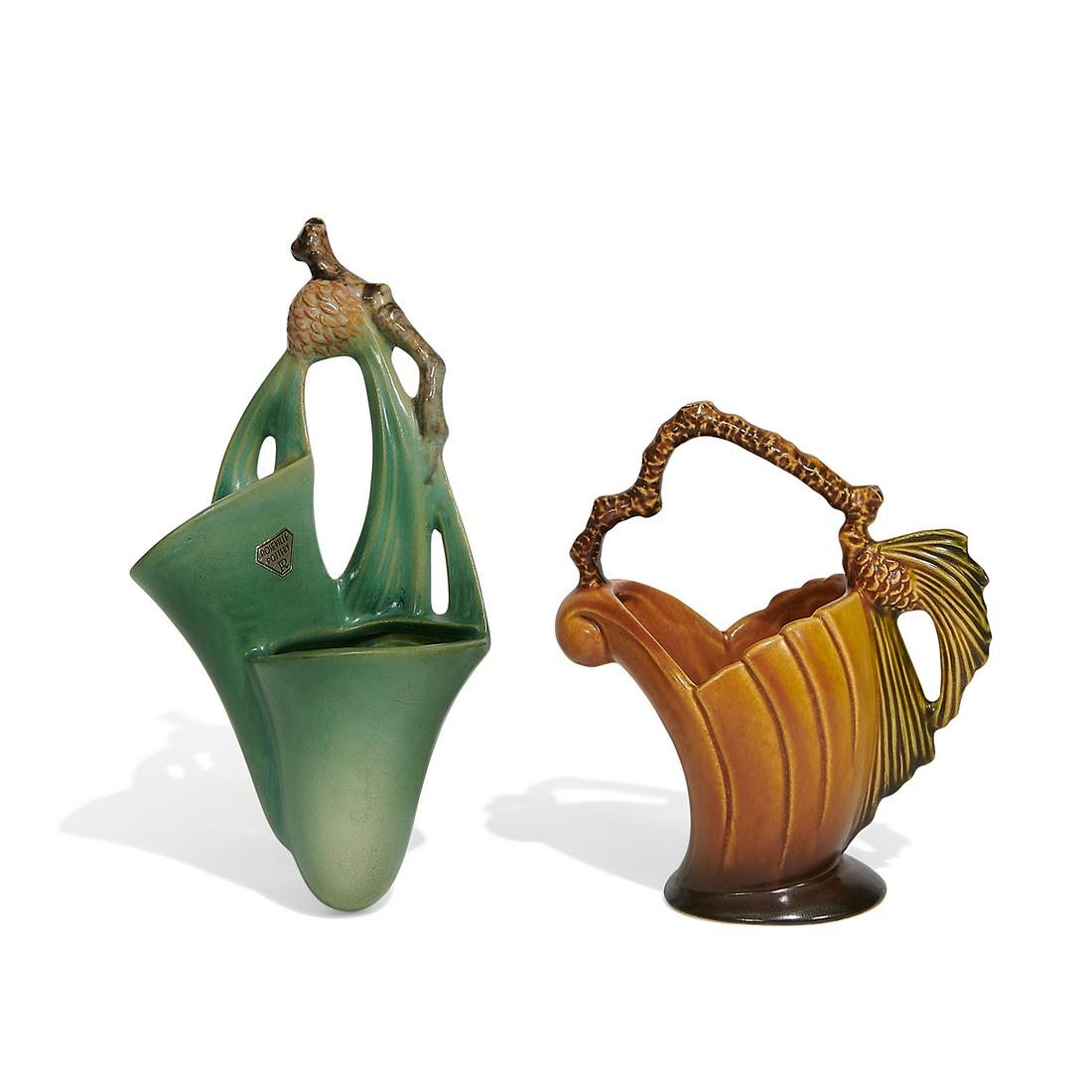 Roseville Pottery Co. wall pocket, and basket (1 of 2)
