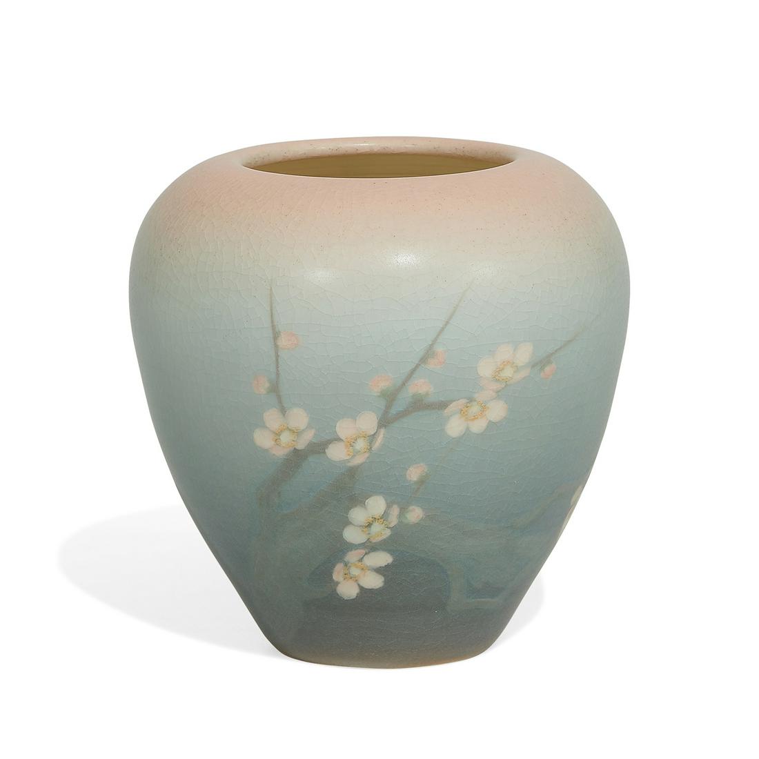 E.T. Hurley for Rookwood Pottery Vellum vase: E.T. Hurley (1869-1950) for Rookwood Pottery Vellum vase with cherry blossoms, shape number 1120 Cincinnati, Ohio, 1911 matte glazed ceramic impressed marks and incised artist's monogram 4 1/2"dia x 5