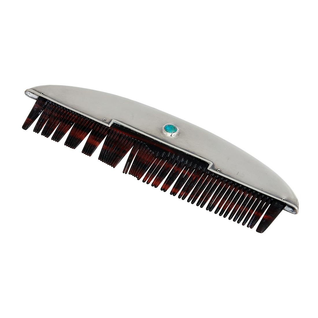 Liberty & Co. Cymric hair comb: Liberty & Co. Cymric hair comb with inset stones Birmingham, England, 1904 sterling silver, turquoise, faux tortoise shell stamped hallmarks 2 1/4"w x 8 1/16"l