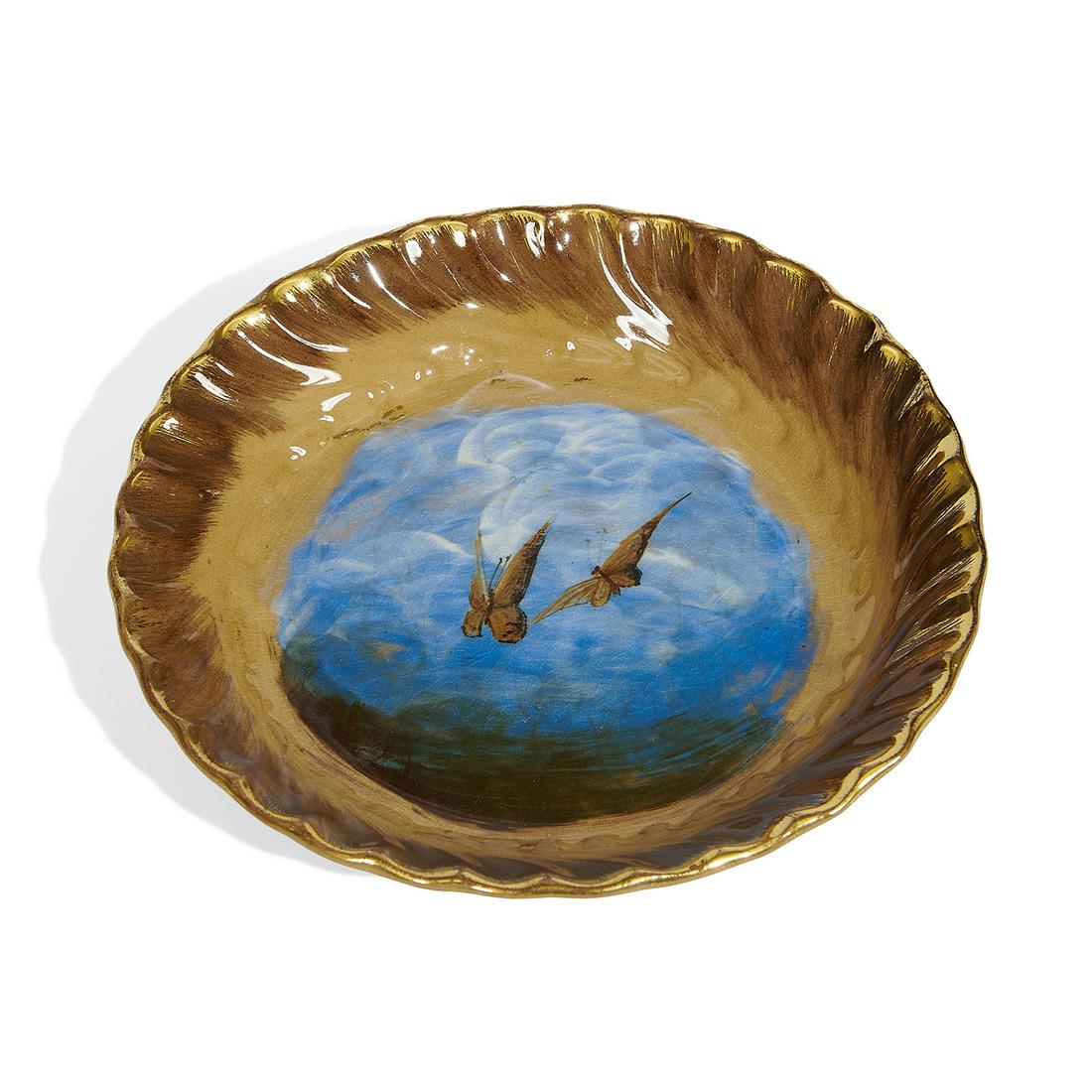 Hattie Horton for Rookwood Pottery dish: Hattie Horton (active 1882-1884) for Rookwood Pottery Aesthetic Movement Limoges style earthenware dish with butterfly decoration, shape number 140 Cincinnati, Ohio, 1883 high glazed ceramic impressed