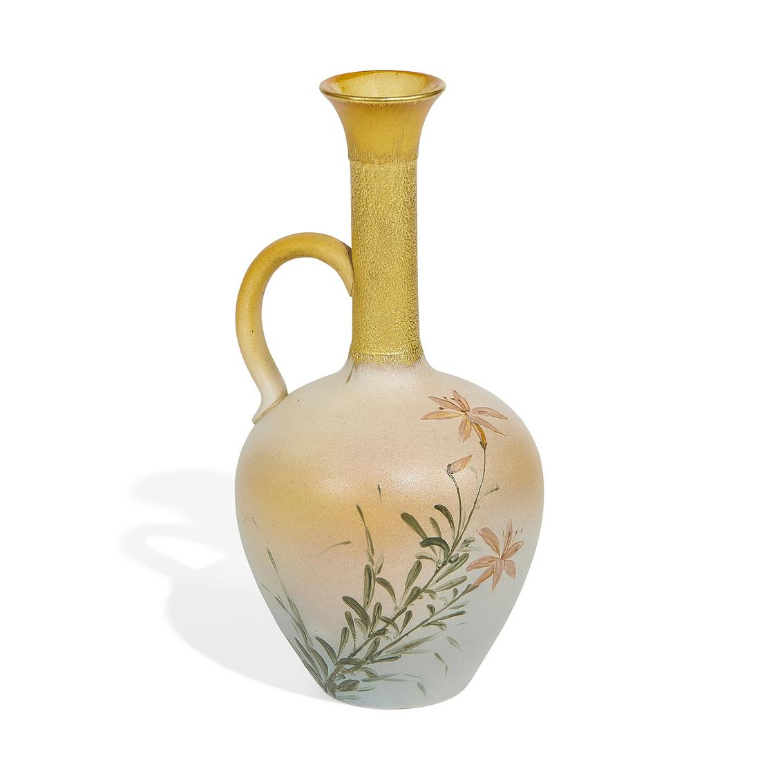 Rookwood Pottery Dull Finish earthenware ewer: Rookwood Pottery Dull Finish earthenware ewer with lily decoration and a fired-on gold collar, shape number 304 Cincinnati, Ohio, 1886 matte glazed ceramic impressed factory marks by an unknown artist