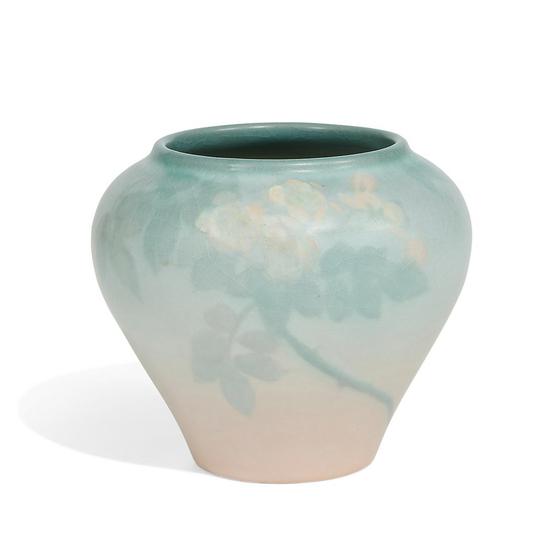 Caroline Steinle for Rookwood Pottery vase: Caroline (Carrie) Steinle (1871-1944) for Rookwood Pottery earthenware vase with wild rose decoration under Vellum glaze, shape number 1828 Cincinnati, Ohio, 1912 matte glazed ceramic impressed factor