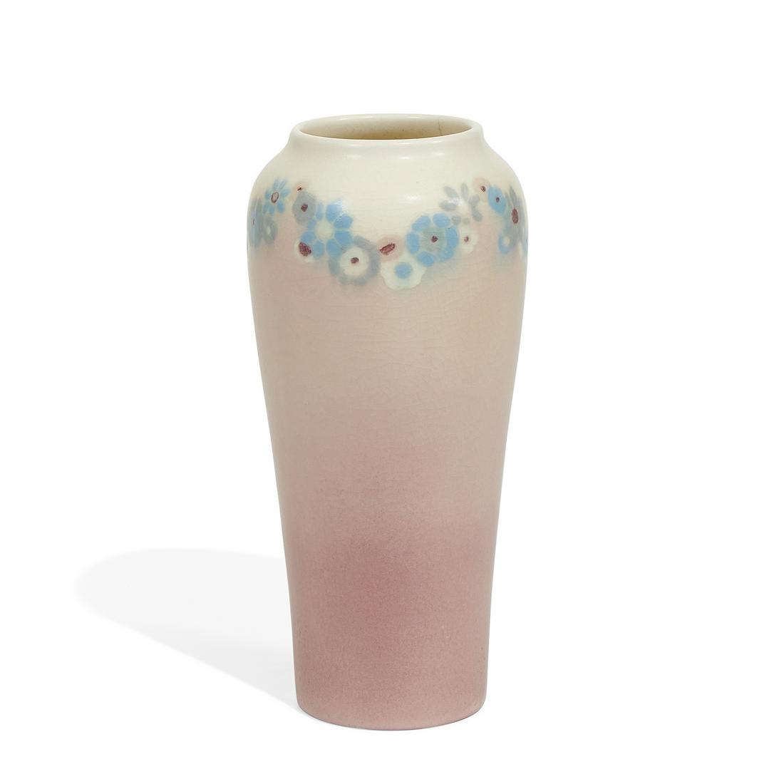 Patti R. Conant for Rookwood Pottery Vellum vase: Patti Rose Conant (1888-1979) for Rookwood Pottery Vellum earthenware vase with flowers on the shoulder, shape number 2039E Cincinnati, Ohio, 1916 matte glazed ceramic impressed factory marks, artist'