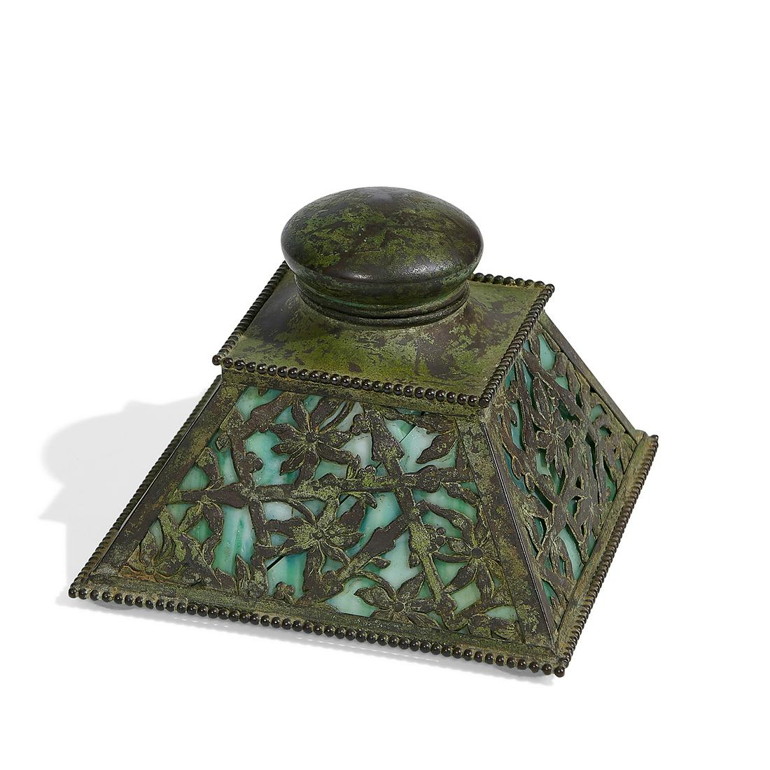 Riviere Studios inkwell with overlay: Riviere Studios inkwell with overlay New York, New York bronze, green slag glass unmarked 5 1/8"sq x 3 3/4"h