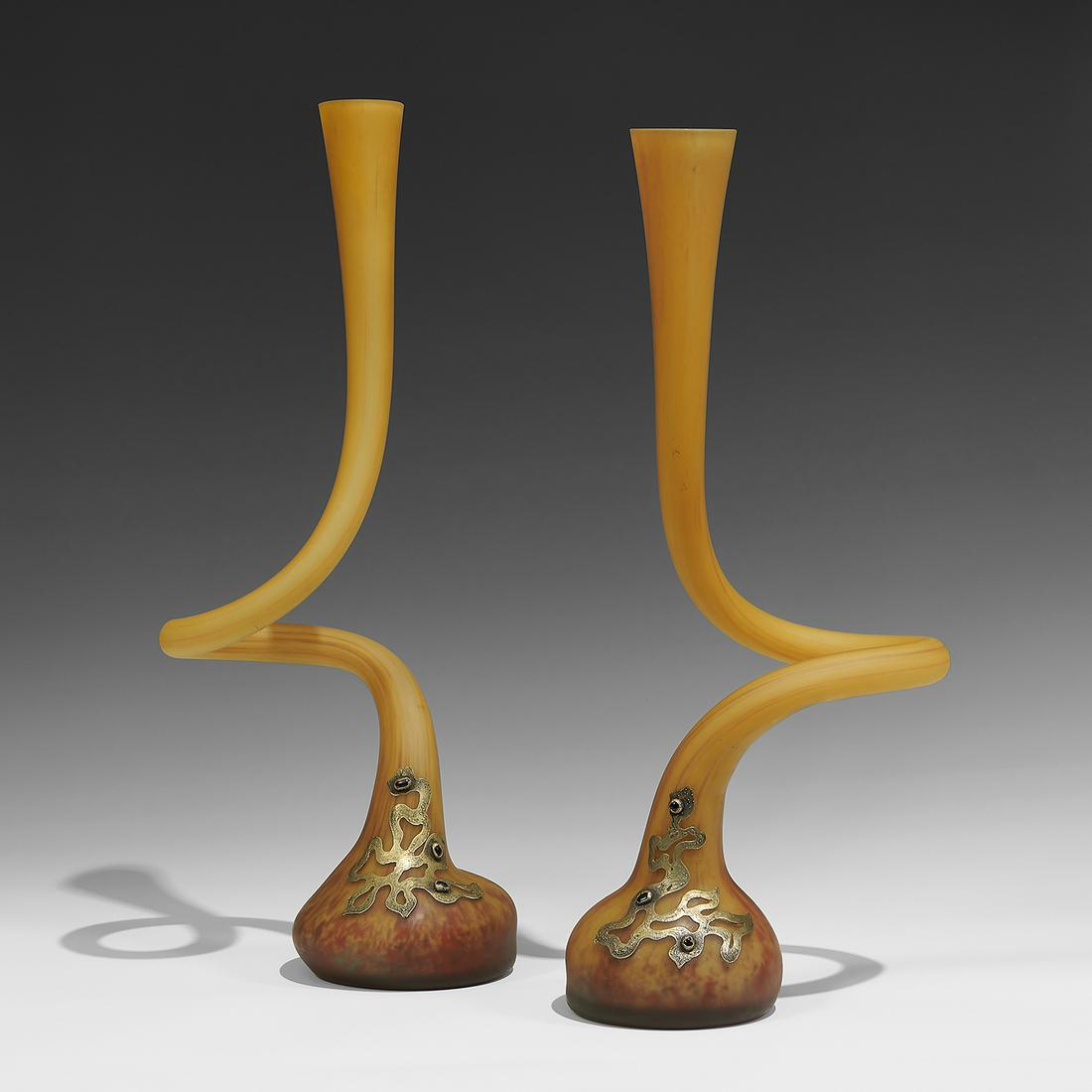 Art Nouveau Art Glass gooseneck vases, pair (1 of 4)