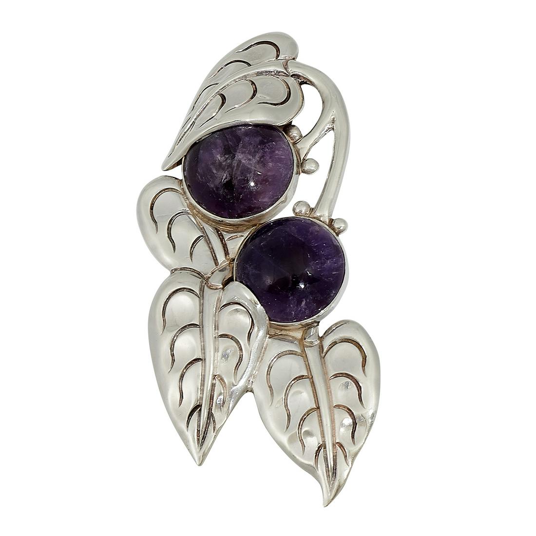 Los Castillo pendant for necklace: Los Castillo pendant for necklace with fruit laden branch, #560 Taxco, Mexico sterling silver, amethyst stamped marks 49.7 dwts 2 1/8"w x 4 5/8"h