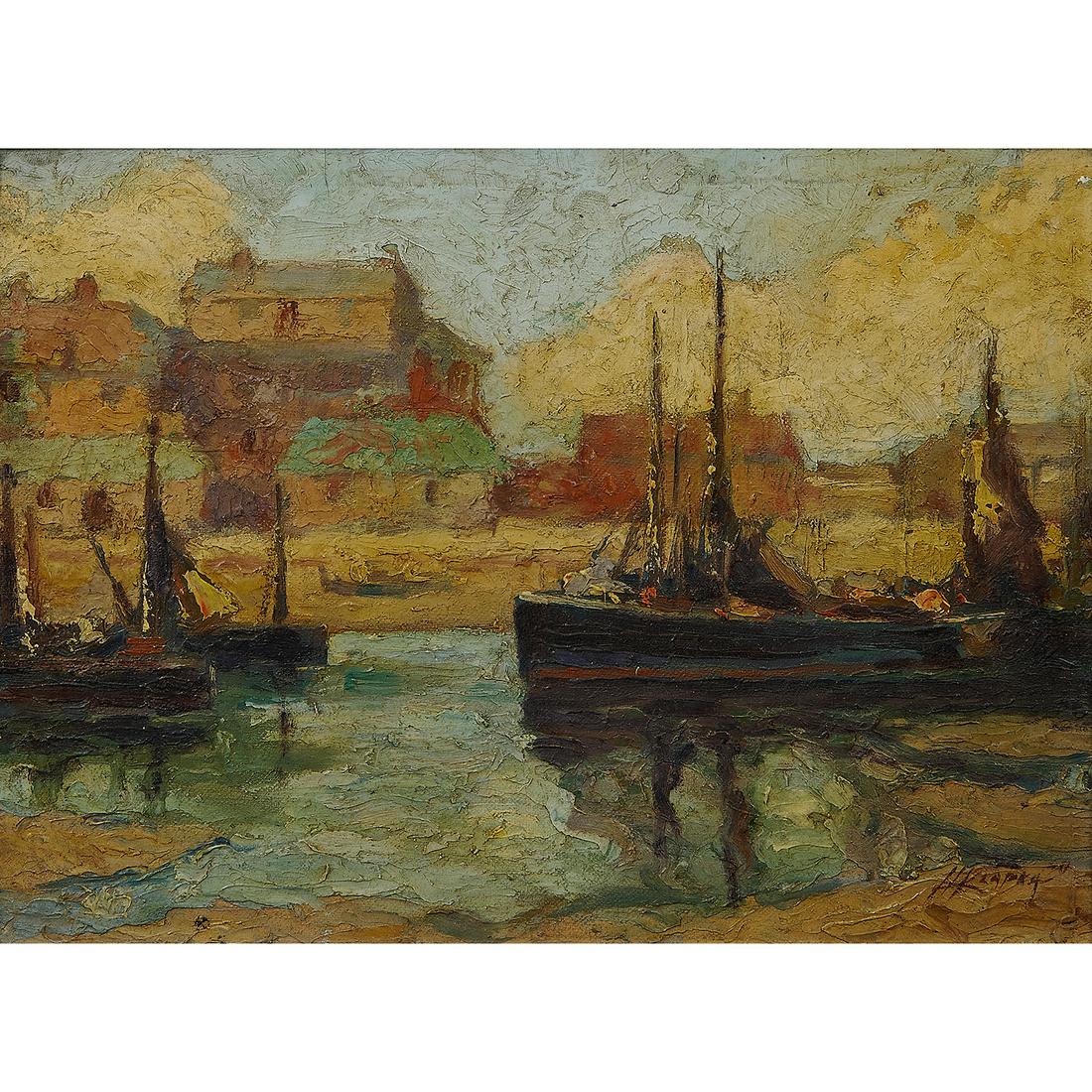 Artist Unknown, River Harbor, 1948, oil (1 of 2)