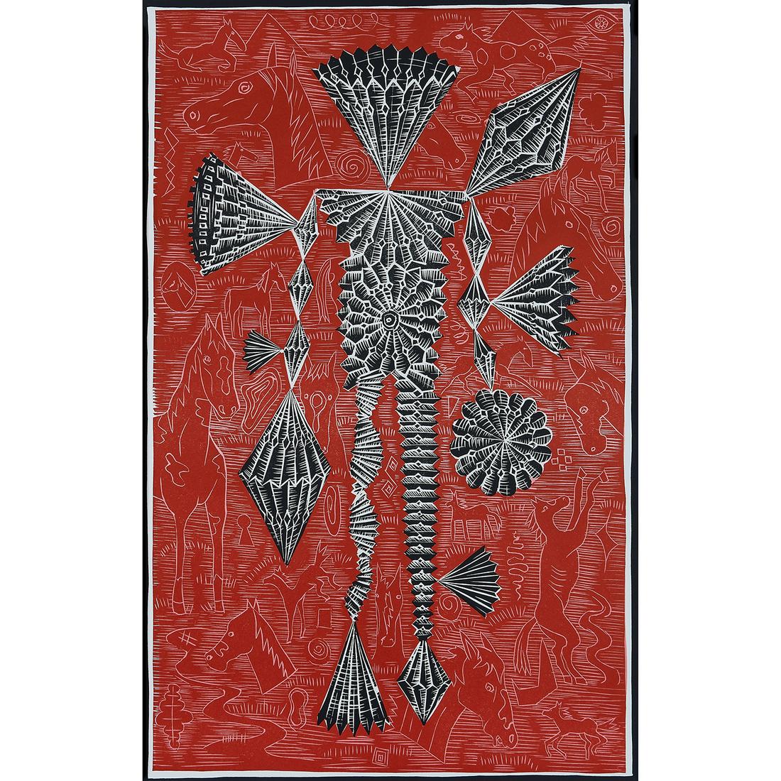 John E. Buck,  Man With Horses, 2002, woodblock (1 of 2)