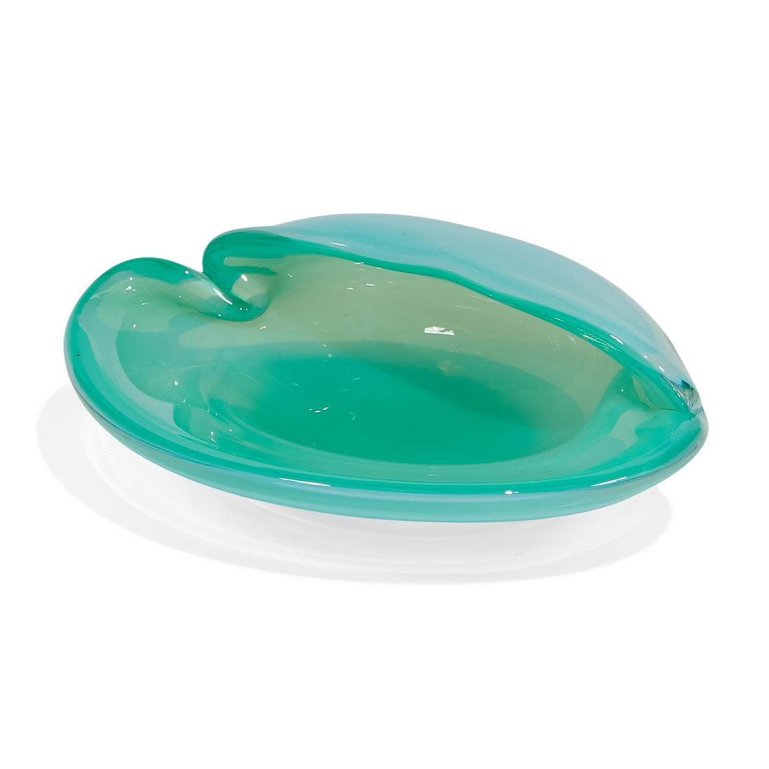 Alfredo Barbini, clam bowl: Alfredo Barbini (1912-2007) clam bowl Murano, Italy, circa 1960 blue glass partial sticker label 7"w x 5 1/4"d x 2 1/4"h