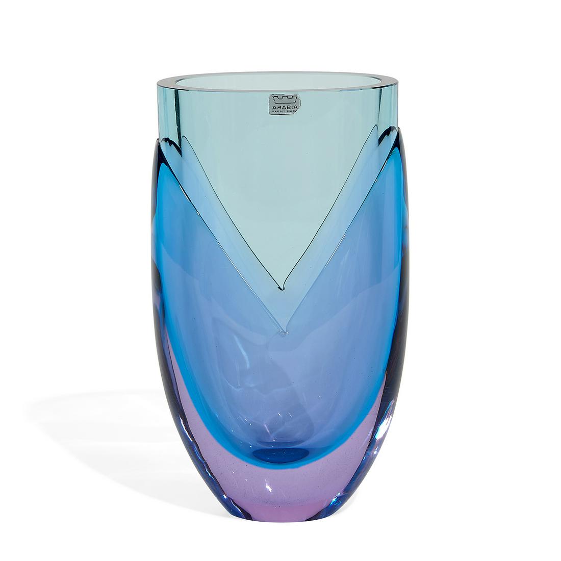 Heikki Orvola for Nuutajärvi Notsjö Kukka, vase: Heikki Orvola (b. 1943) for Nuutajärvi Notsjö Kukka vase Finland, 1970s lavender and blue alexandrite glass etched marks and Arabia sticker label 4 1/2"w x 3 3/8"d x 7 5/8"h