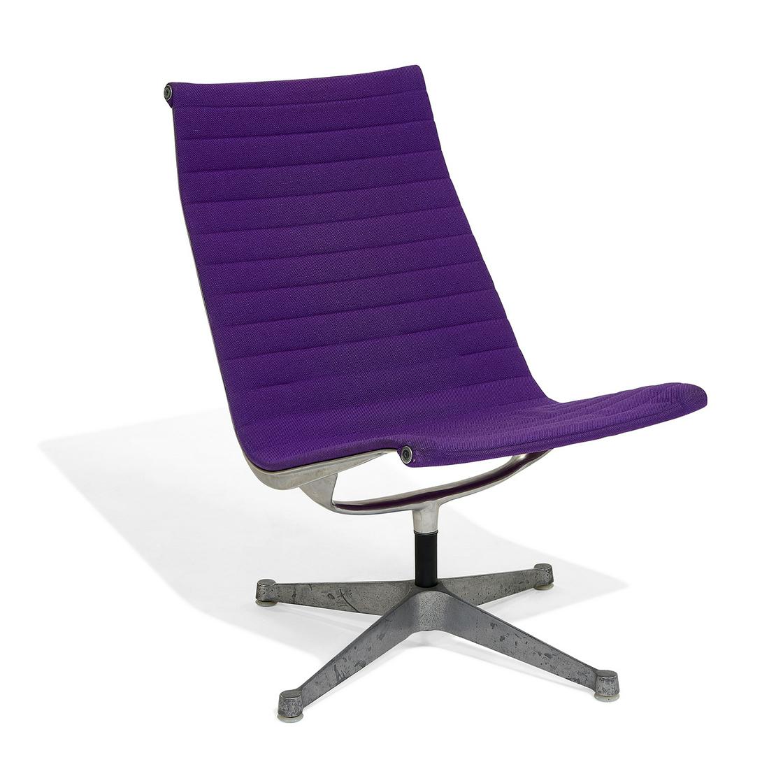 Eames for Herman Miller, lounge chair: Charles Eames (1907–1978) & Ray Eames (1912–1988) for Herman Miller Aluminum Group lounge chair Zeeland, Michigan, circa 1958 purple upholstery, aluminum cast maker's marks to underside 22
