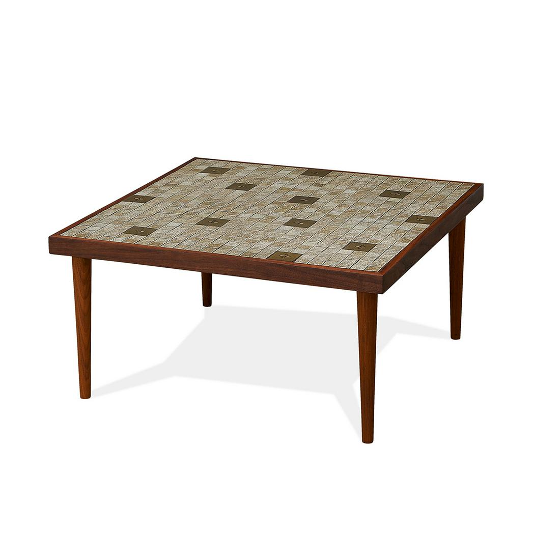 Martz &Martz for Marshall Studios, coffee table: Gordon Martz (1924-2015) & Jane Marshall Martz (1929-2007) for Marshall Studios coffee table Veedersburg, Indiana walnut, olive and beige glazed ceramic tiles unmarked 31 1/2"sq x 15 3/4"h