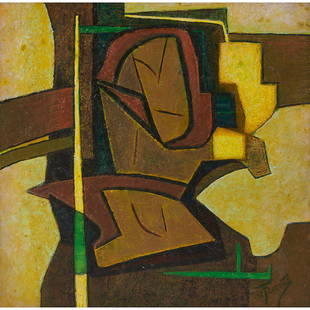 Mario De Ferrante, Abstraction with Visage: Mario De Ferrante (Italian/American, 1898-1992) Abstraction with Visage oil on masonite signed lower right 23 3/8" x 23 7/8"