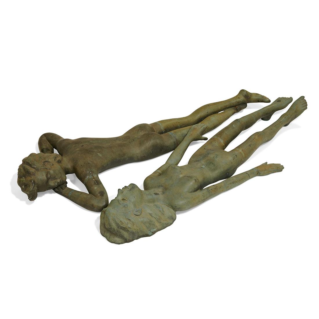 Victor Salmones, Nude Sunbathers, Male and Female: Victor Salmones (Mexican, 1937-1989) Nude Sunbathers (Male and Female Sculptures), pair cast metal signed and numbered edition of 10 Male: 8 1/2"h x 31"w x 65 3/4"d; Female: 7 1/2"h x 22 1/2"w x 62 3/