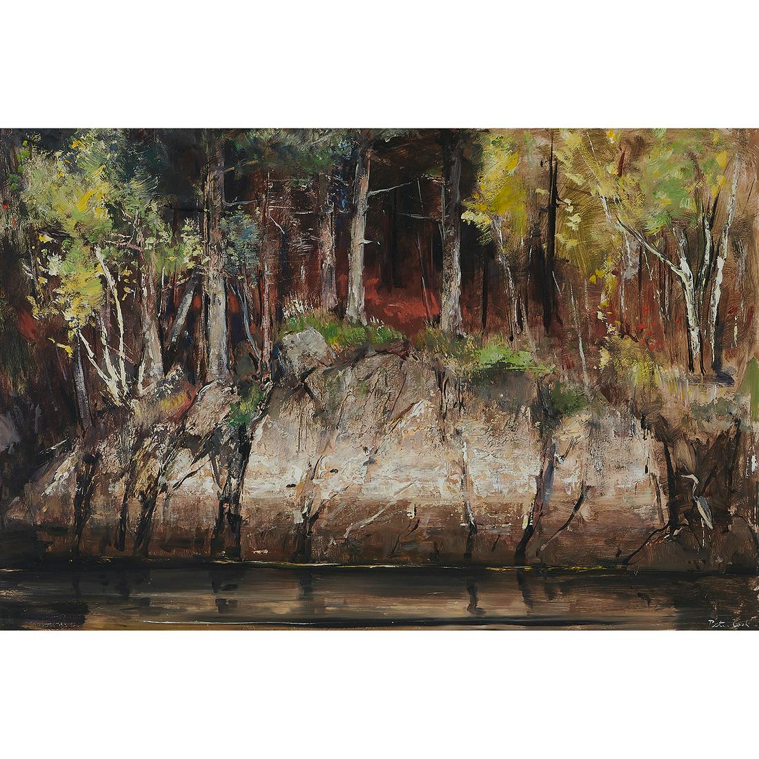 Peter Cook, Rocky River Bank, oil on masonite: Peter Cook (American, 1915-1992) Rocky River Bank oil on masonite signed lower left 24" x 36"