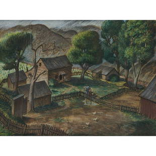 Charles Ragland Bunnell, Early Farmyard Scene: Charles Ragland Bunnell (American, 1897-1968) Early Farmyard Scene with Farmer Pumping Water, 1933 pastel on paper signed and dated lower left 17" x 23"