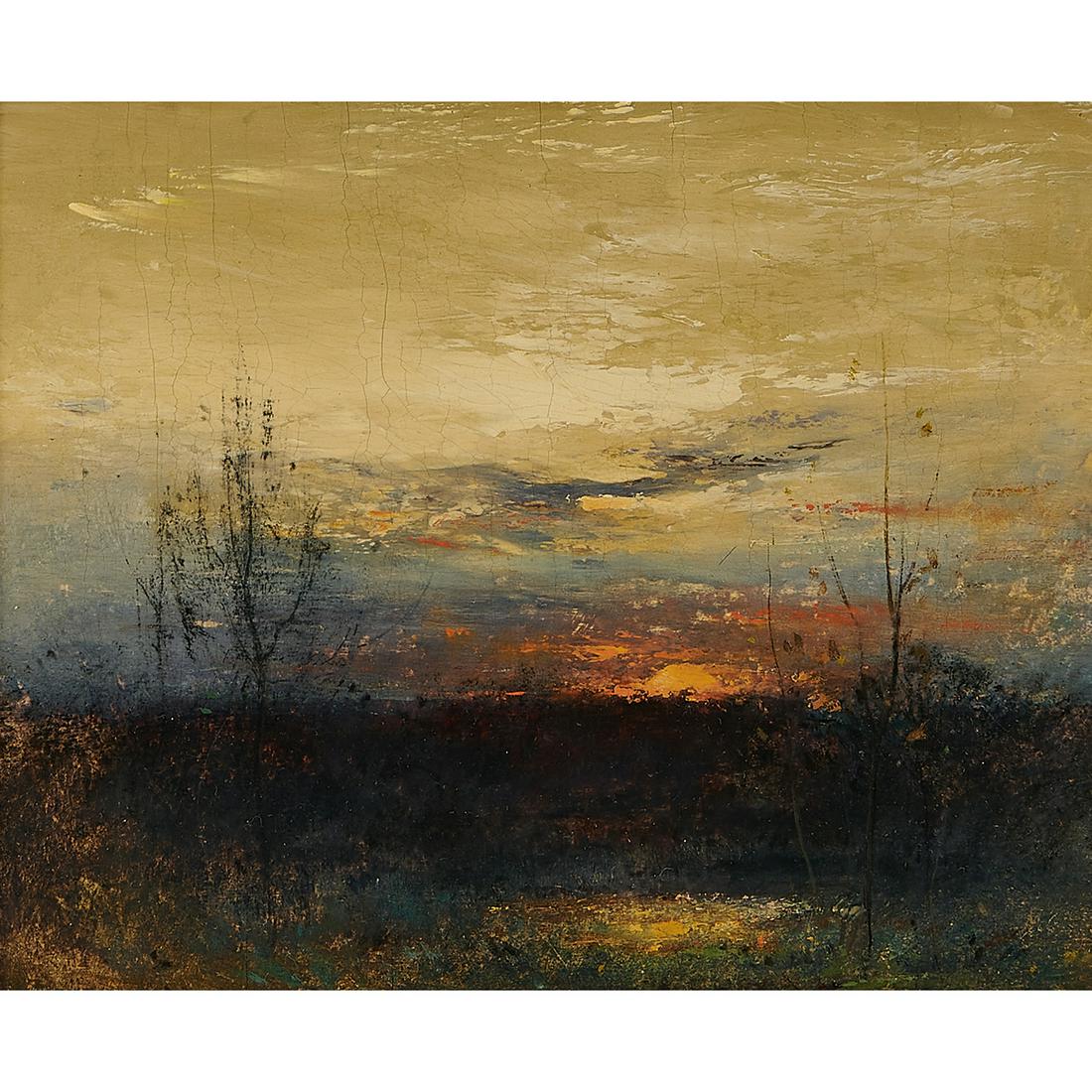 Felix Russmann, Sunset After Rain, oil on panel: Felix Russmann (American, 1888-1962) Sunset After Rain oil on wood panel signed lower center artist's handwritten gift card with title and dedication (label remnant verso) 7 3/4" x 9 5/8"