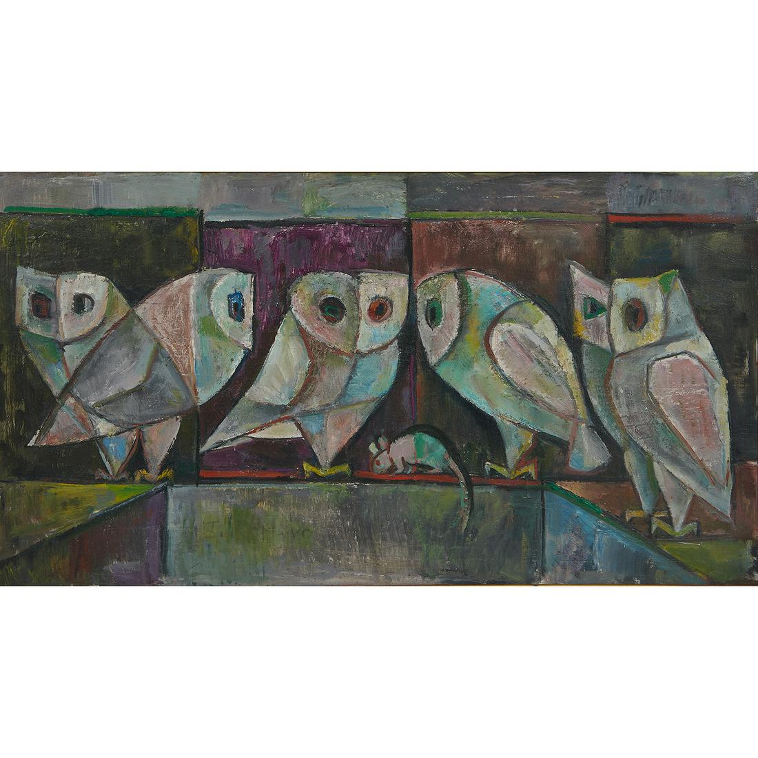 Emanuel Romano, Owls, 1960, oil on board (1 of 2)