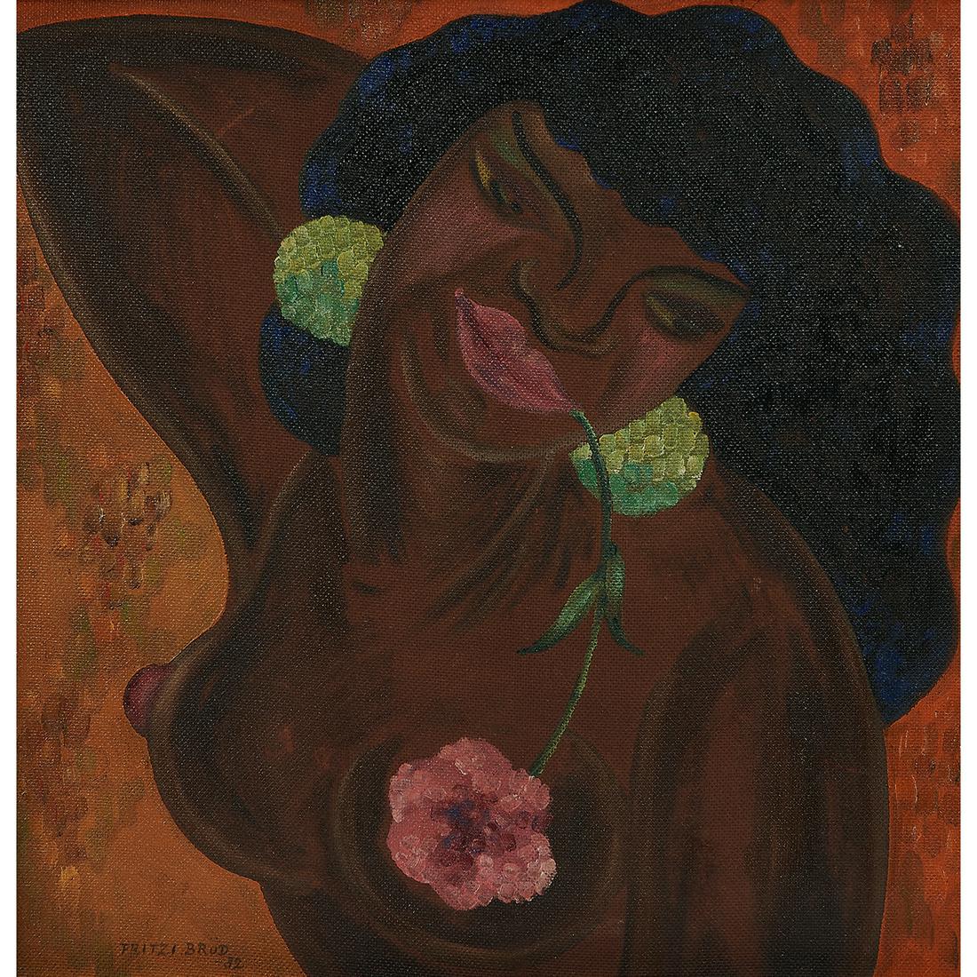 Fritzi Brod, Female with Flowers, oil on masonite: Fritzi Brod (American, 1900-1952) Female with Flowers, 1932 oil on masonite signed and dated lower left 20 1/2" x 20 1/2"