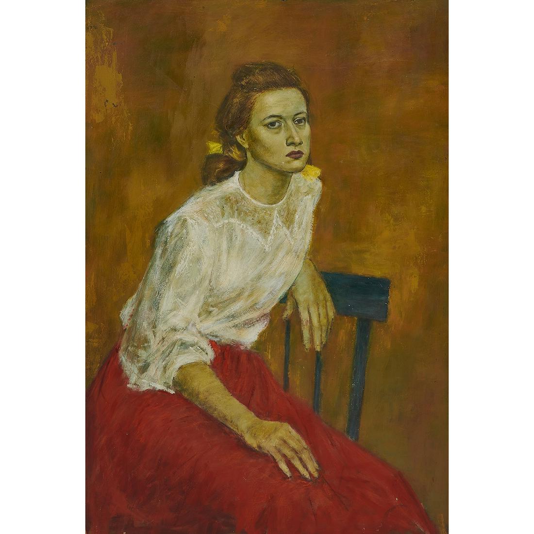 William Schock, Seated Woman, oil on masonite: William Schock (American, b. 1913) Seated Woman oil on masonite signed lower left and verso 35 3/4" x 23 7/8"