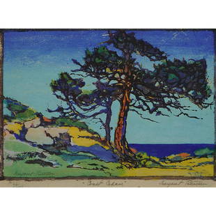 Margaret Jordan Patterson, Coast Cedars, color woodcut: Margaret Jordan Patterson (American, 1867-1950) Coast Cedars color woodcut signed in pencil lower right margin and lower left in print, titled lower center edition of 100 7 1/8" x 10 1/4"