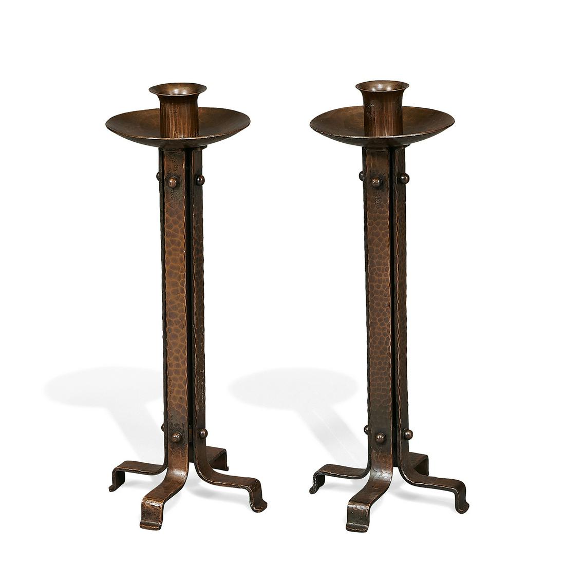 Roycroft tall strap-form candlesticks, pair (1 of 2)