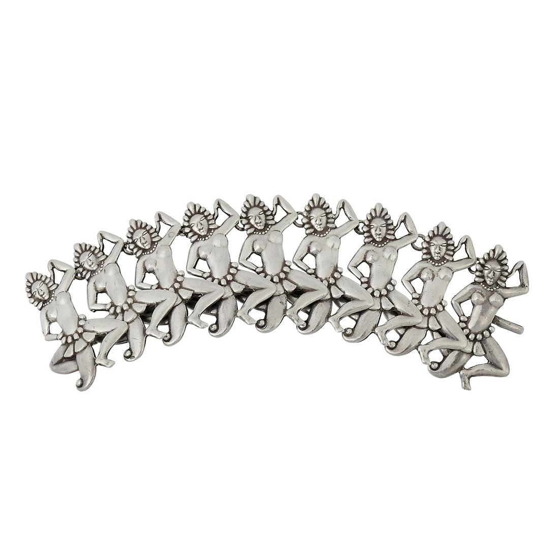 Los Castillo bracelet with figural tribal dancers: Los Castillo bracelet with figural tribal dancers, #519 Taxco, Mexico sterling silver stamped marks 51.6 dwts 1 7/8"w x 6"l (inner length, approximately)