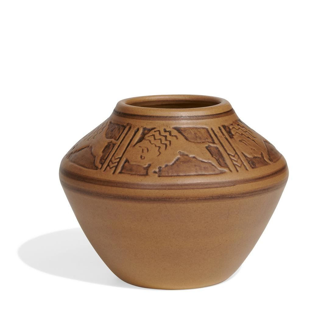 Julia Mattson, North Dakota School of Mines vase: Julia Mattson (1893-1967) for University of North Dakota (UND) School of Mines earthenware vase with five buffalo panels Grand Forks, North Dakota, circa 1927 matte glazed ceramic ink-stamped UND logo