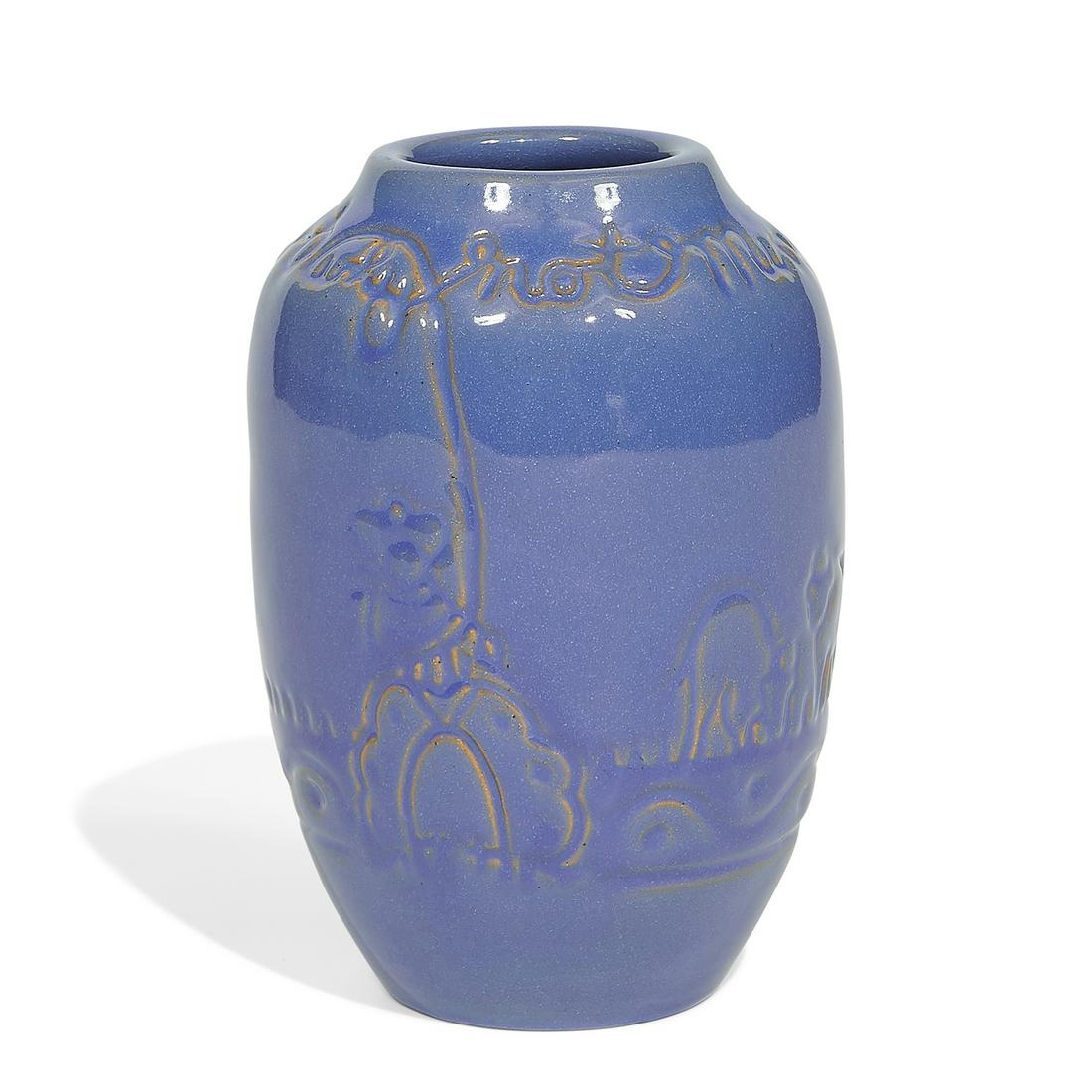 Julia Mattson, North Dakota School of Mines vase: Julia Mattson (1893-1967) for University of North Dakota (UND) School of Mines earthenware vase with incised cowboy and lasso with the inscription "Why not Minot" on the shoulder, shape number 175 Gra