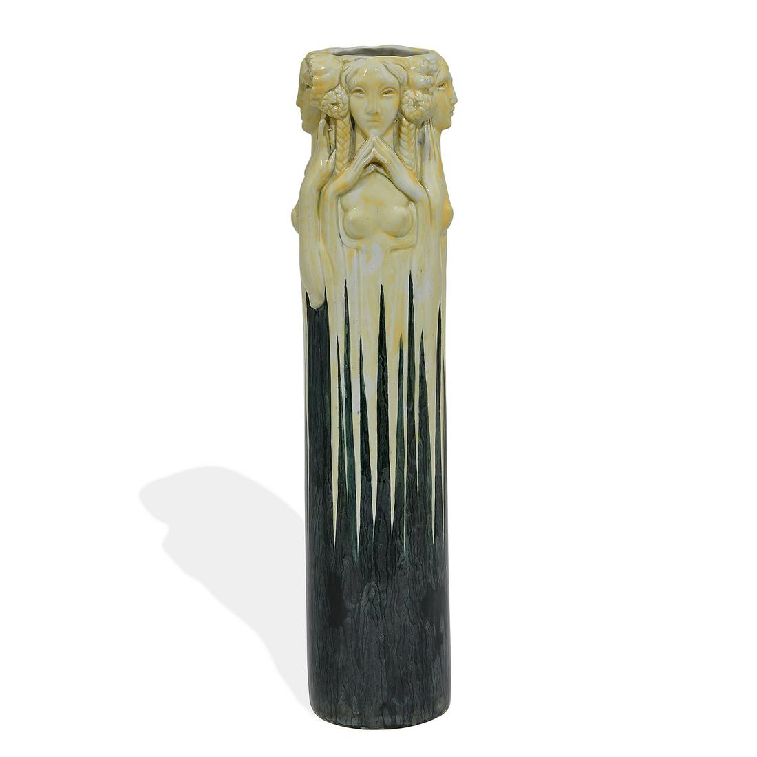 Edgardo Simone Studio Art Deco vase: Edgardo Simone (1890-1958) Studio Art Deco earthenware vase featuring four uniquely crafted women thought to be the muses of Music, Dance, Comedy and Tragedy New York, New York or Chicago, Illinois, c