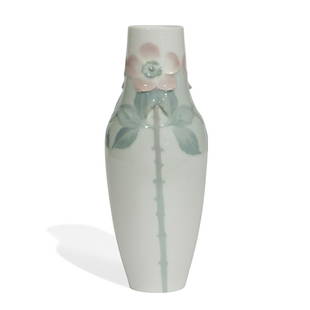 Karl Larsen for Rorstrand carved and painted vase: Karl Larsen (1897-1977) for Rorstrand carved and painted porcelain vase with three repeating roses and stems Stockholm, Sweden, circa 1925 high glazed ceramic ink-stamped factory marks and artist's in