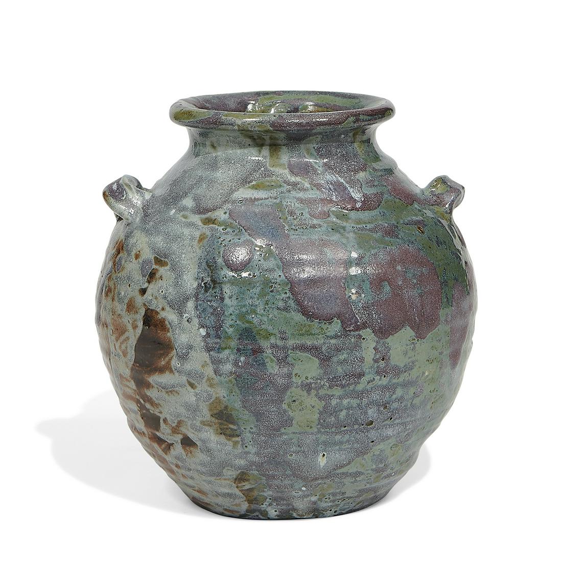 Eugene Lion two-handled vase: Eugene Lion (1867-1945) two-handled vase St.-Amand-en-Puisaye, France high glazed ceramic incised signature 7"dia x 7 1/2"h