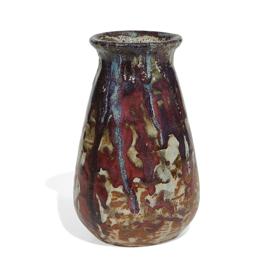 Eugene Lion sang-de-boeuf vase: Eugene Lion (1867-1945) sang-de-boeuf vase St.-Amand-en-Puisaye, France volcanic oxblood glazed ceramic incised signature 5"dia x 7 3/4"h