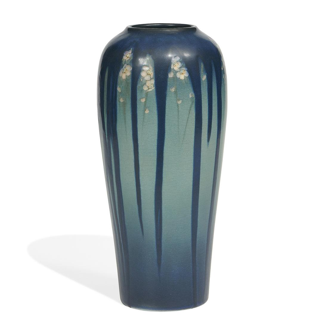 E.T. Hurley, Rookwood Pottery Vellum glaze vase: E.T. Hurley (1869-1950) for Rookwood Pottery earthenware Vellum glaze vase with trailing cherry blossoms and long glaze drips, shape number 2033 Cincinnati, Ohio, 1914 matte glazed ceramics impressed