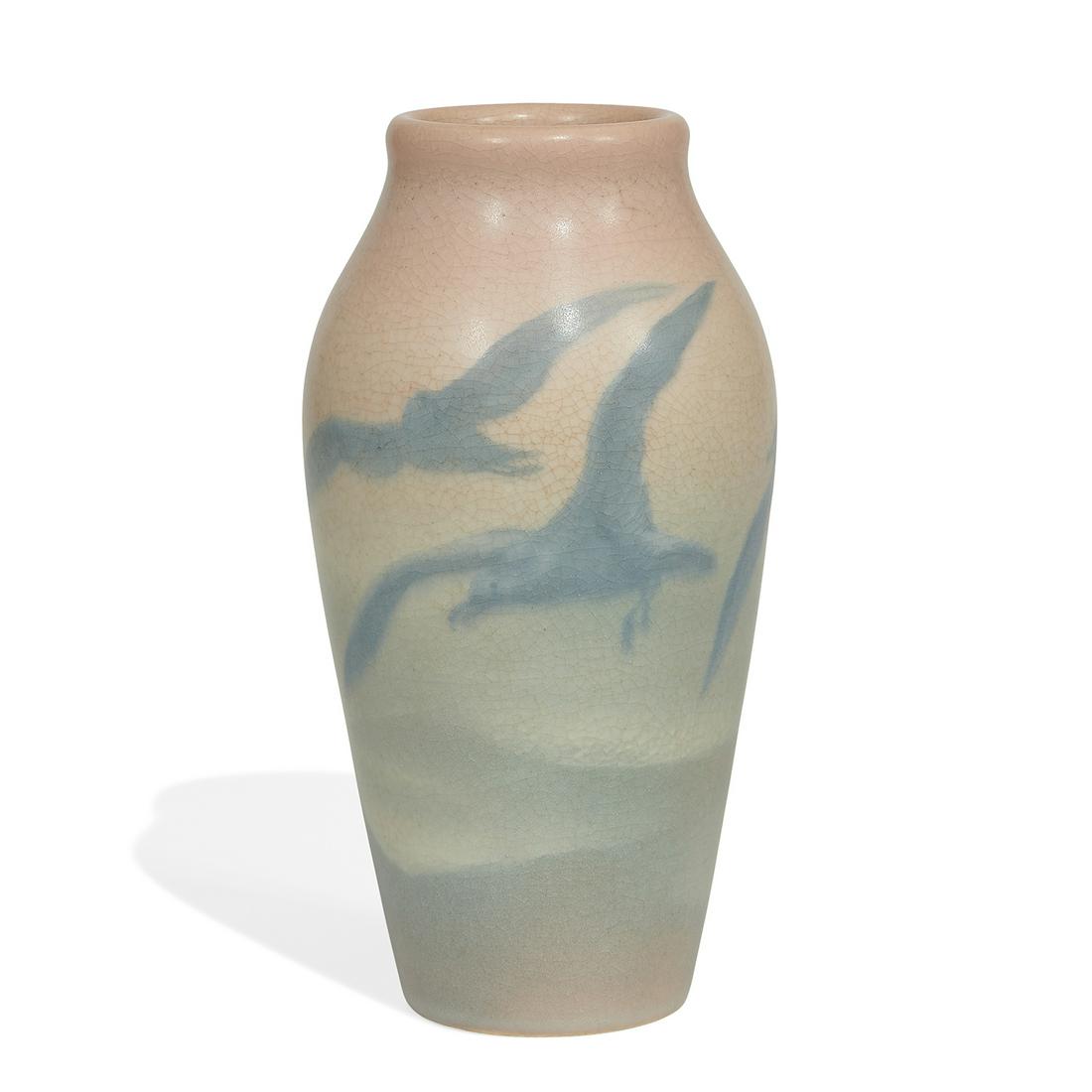 E.T. Hurley, Rookwood Pottery Vellum glaze vase: E.T. Hurley (1869-1950) for Rookwood Pottery earthenware Vellum glaze vase with a group of seagulls flying over waves, shape number 925D Cincinnati, Ohio, 1905 matte glaze ceramic impressed factory ma