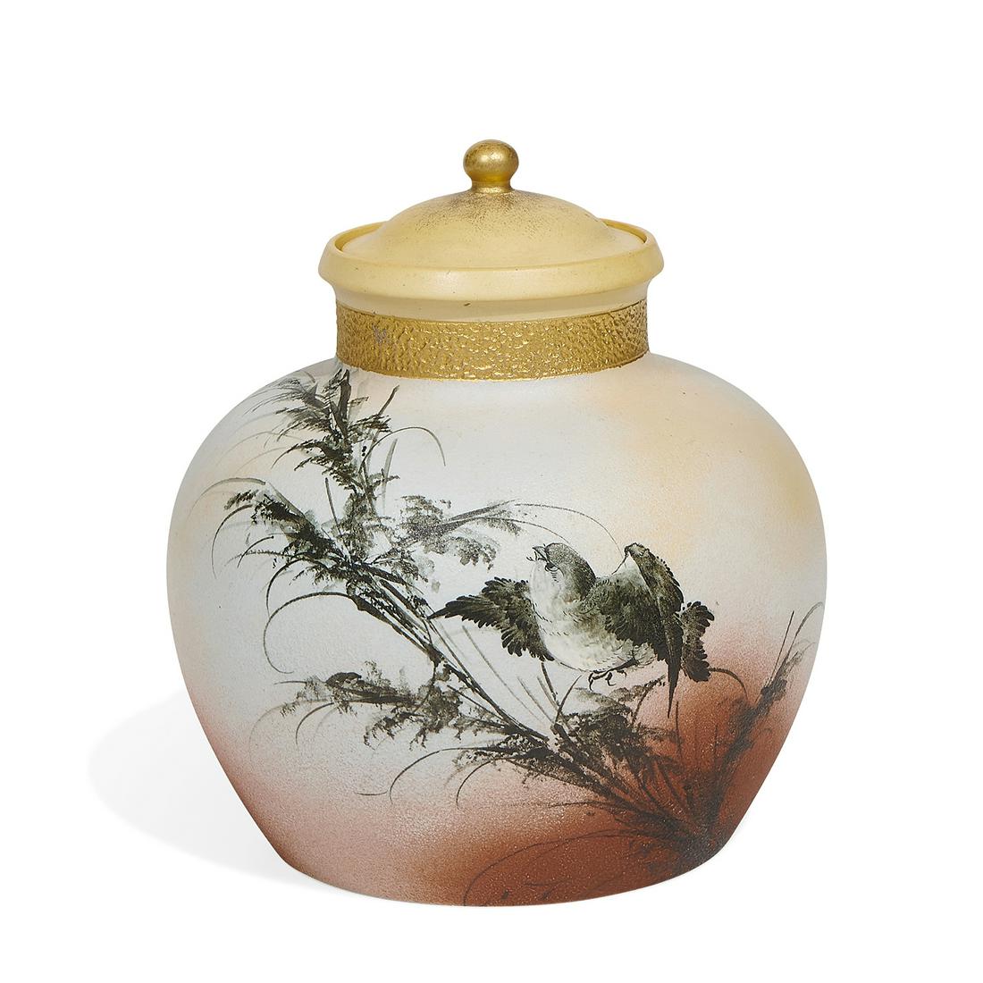 Matthew A. Daly, Rookwood Dull Finish scent jar: Matthew A. Daly (1860-1937) for Rookwood Pottery Aesthetic Movement earthenware Dull Finish glaze scent jar with inner and outer lids showing a small bird and branches, shape number 277 Cincinnati, Oh