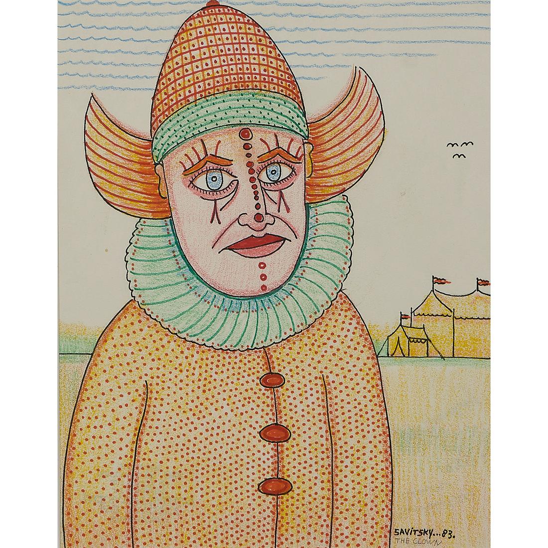 Jack Savitsky, Savitsky the Clown, 1983: Jack Savitsky (American, 1910-1991) Savitsky the Clown, 1983 colored pencil and marker on paper signed and dated lower right and verso 13 7/8" x 10 7/8"