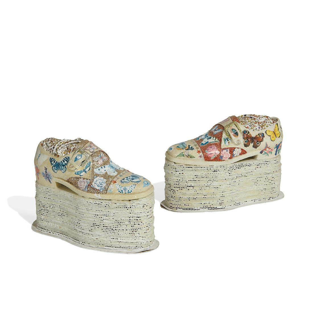 American Folk Art handmade platform shoes: American Folk Art handmade platform shoes USA, circa 1975 corrugated cardboard, glitter and paint signed Danny Branick 13"w x 5 1/2"d x 8 1/2"h