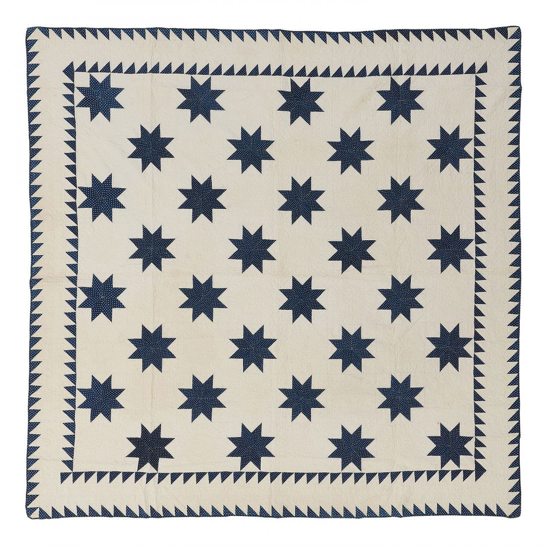 American blue and white quilts, two: American blue and white quilts, two: Eight-Pointed Star with Double Saw Tooth border and Center Square in Diamond with Flying Geese surround USA, 1940s hand-stitched cotton fabrics 84" x 85"; 70" x 87