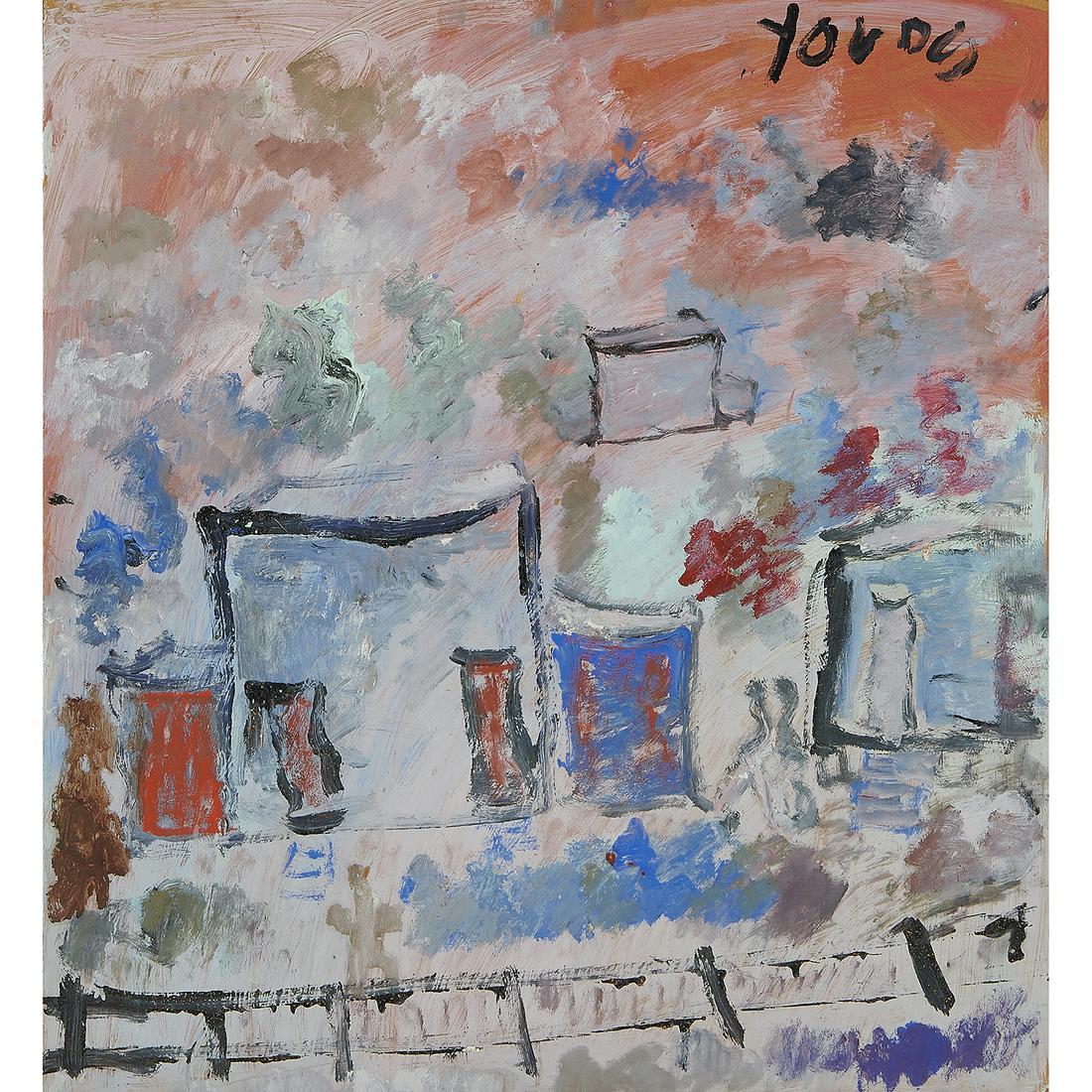 Purvis Young, House near Railroad Tracks, 1997: Purvis Young (American, 1943-2010) House near Railroad Tracks, 1997 mixed media on masonite signed upper right 28 1/2" x 26"