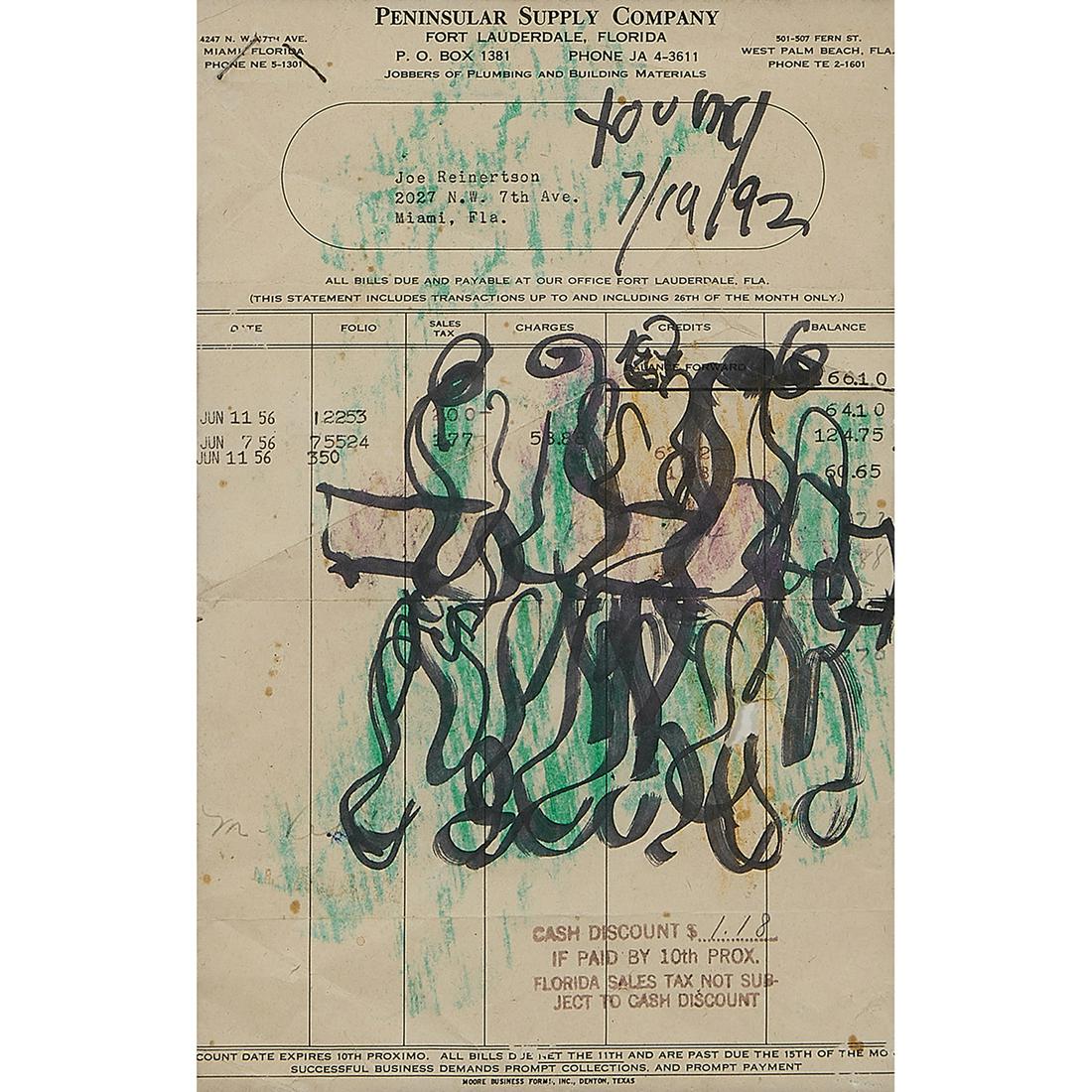 Purvis Young, Figures, 1992: Purvis Young (American, 1943-2010) Figures, 1992 marker and crayon on Peninsular Supply Company invoice signed and dated upper right 9 1/4" x 6 1/8"