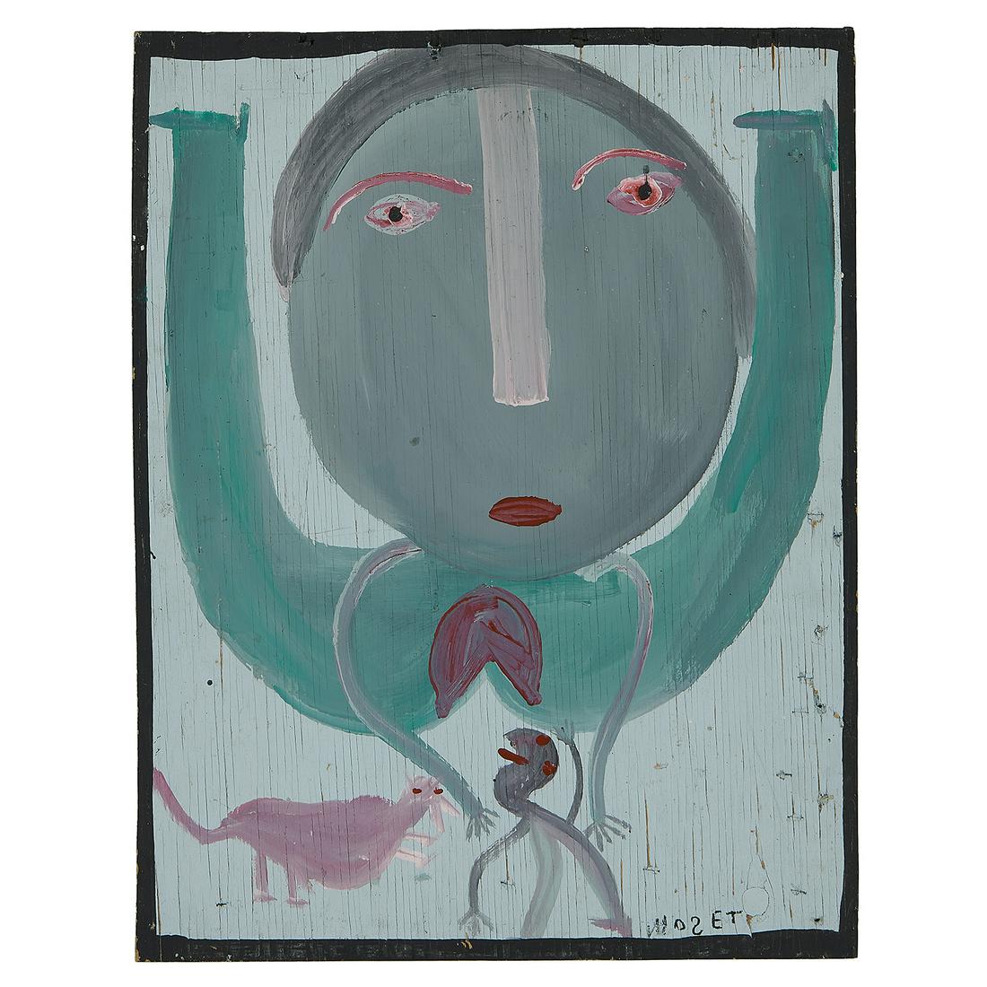 Mose Tolliver, Erotic Scene w/Woman, Man & Animal: Mose Tolliver (American, 1925-2006) Erotic Scene with Woman, Man and Animal acrylic on wood panel with pop-top hanger signed lower right 26 1/16"h x 20 1/4"w x 5/8"d
