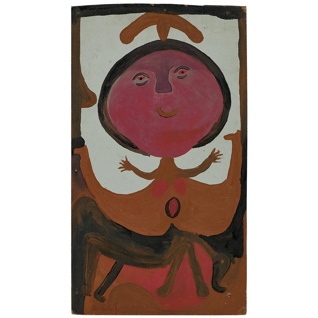 Mose Tolliver, Erotic Woman with Dog: Mose Tolliver (American, 1925-2006) Erotic Woman with Dog paint on found wood panel with pop-top hanger signed lower left 24 3/4" x 14 1/4" Provenance: Phyllis Kind Gallery, New York, New York / Chica