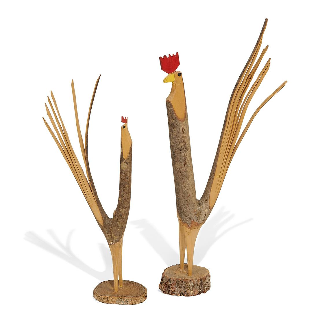 Garland & Minnie Adkins, Rooster and Hen: Garland & Minnie Adkins (American, 1928-1997) (American, b. 1934) Rooster and Hen, 1990 and 1989 carved and painted wood signed and dated on base larger: 29 1/16"h x 3 3/4"w x 9 5/8"d
