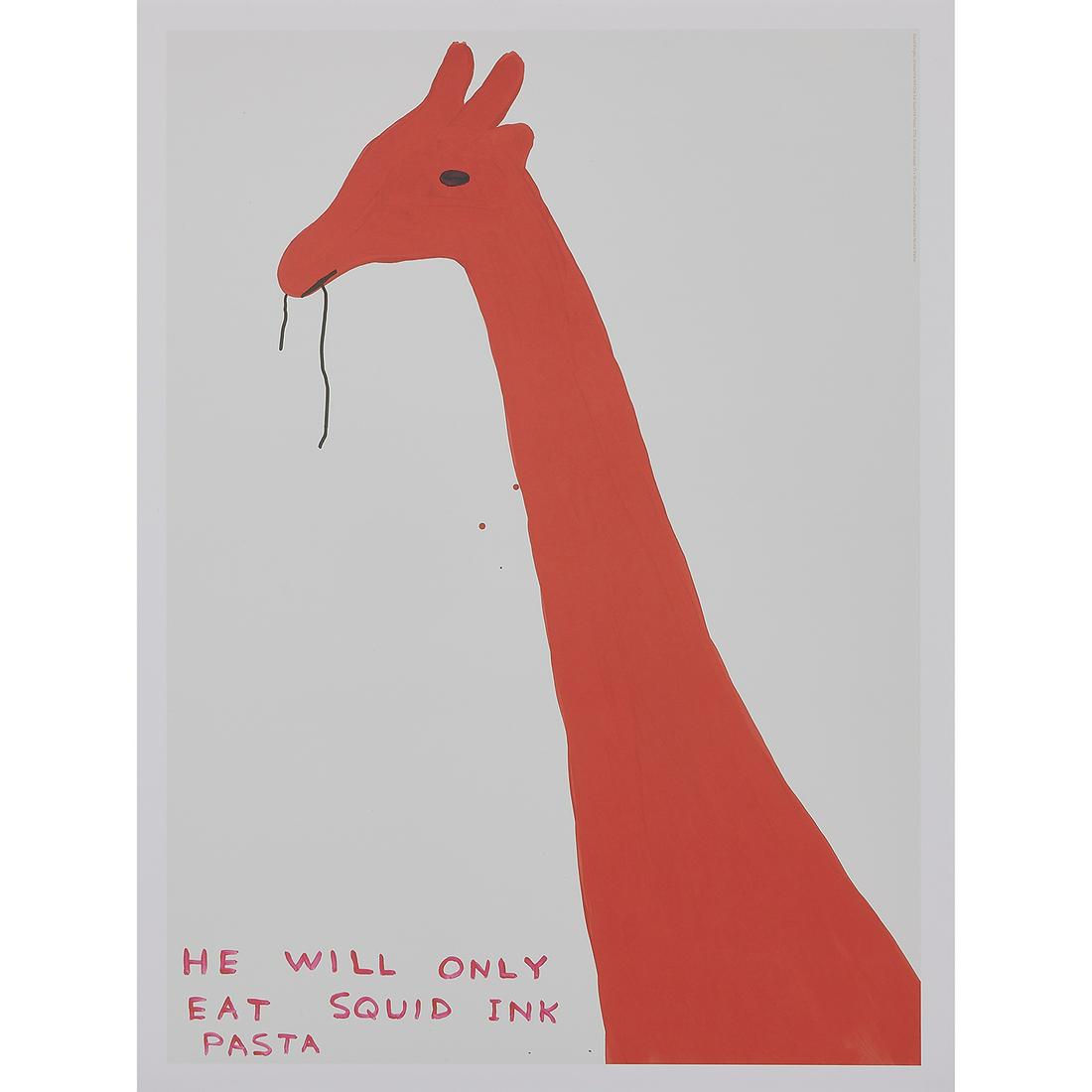 David Shrigley, Four Exhibition Posters: David Shrigley (British, b. 1968) Exhibition Posters, 2020 (four works): Giraffe, "He Will Only Eat Squid Ink Pasta"; Bull, "I Will Not Fight"; Bird, "You Are Too Close, Please Move Back"; and Pig, "S