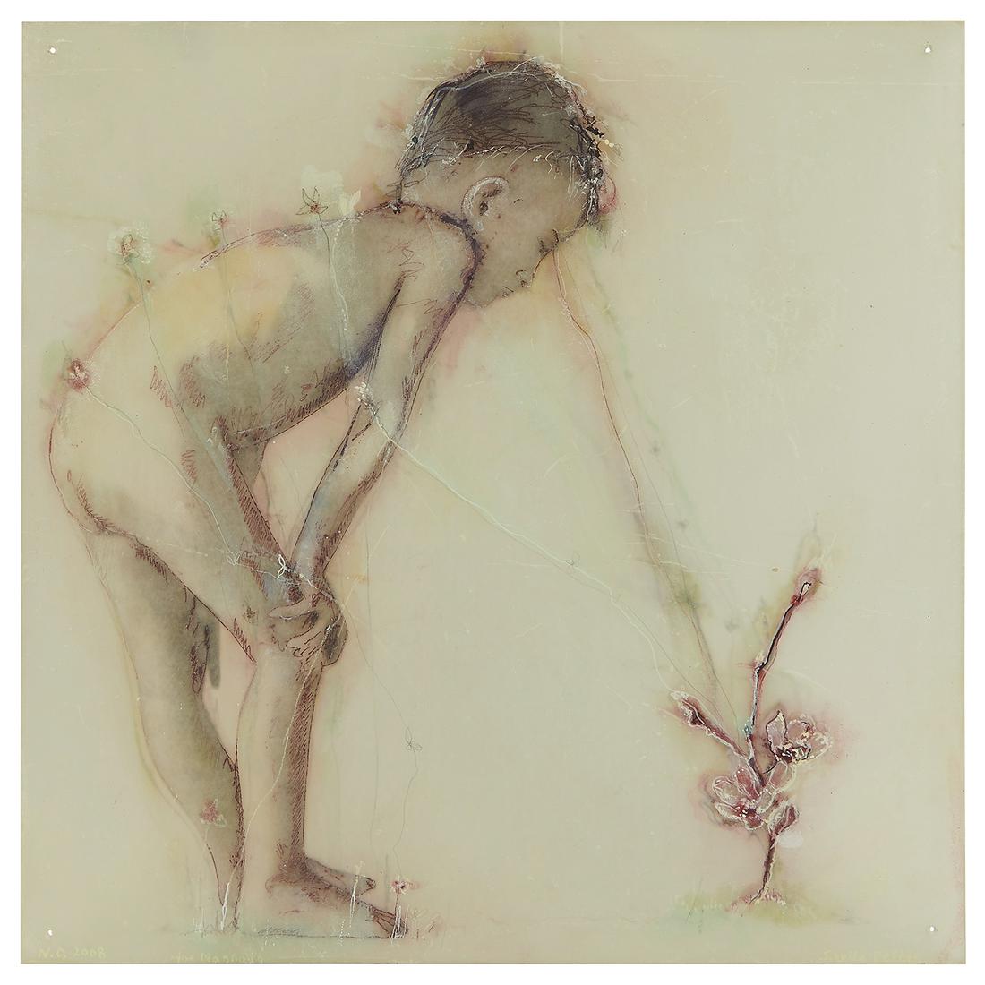 Sibylle Peretti, The Magnolia, 2008: Sibylle Peretti (German, b. 1964) The Magnolia, 2008 mixed media collage on glass signed, titled and dated 14" x 14" Provenance: The Collection of Bruce and Ann Bachman, Chicago, Illinois Thence by d