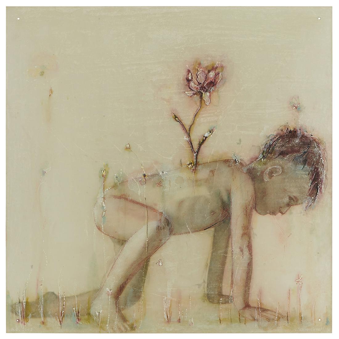 Sibylle Peretti, Growing Magnolias, 2008: Sibylle Peretti (German, b. 1964) Growing Magnolias, 2008 paint and pencil on glass signed and dated 14" x 14" Provenance: The Collection of Bruce and Ann Bachman, Chicago, Illinois Thence by descent