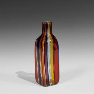 Angelo Barovier for Barovier & Toso bottle: Angelo Barovier (1927-2008) for Barovier & Toso A Canne bottle Murano, Italy, circa 1958 vertical polychrome glass canes etched signature 'Barovier & Toso Murano' 3 1/4"sq x 10 3/4"h