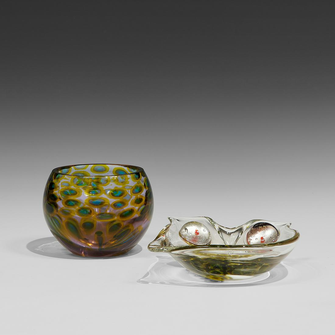 Antonio Da Ros for Cenedese bowl and vase: Antonio Da Ros (1936-2012) for Vetreria Gino Cenedese owl bowl and vase Murano, Italy, circa 1968 clear glass with murrines unmarked bowl: 7 1/2"w x 6 3/8"d x 2 1/8"h; vase: 5 1/2"dia x 4 5/8"h